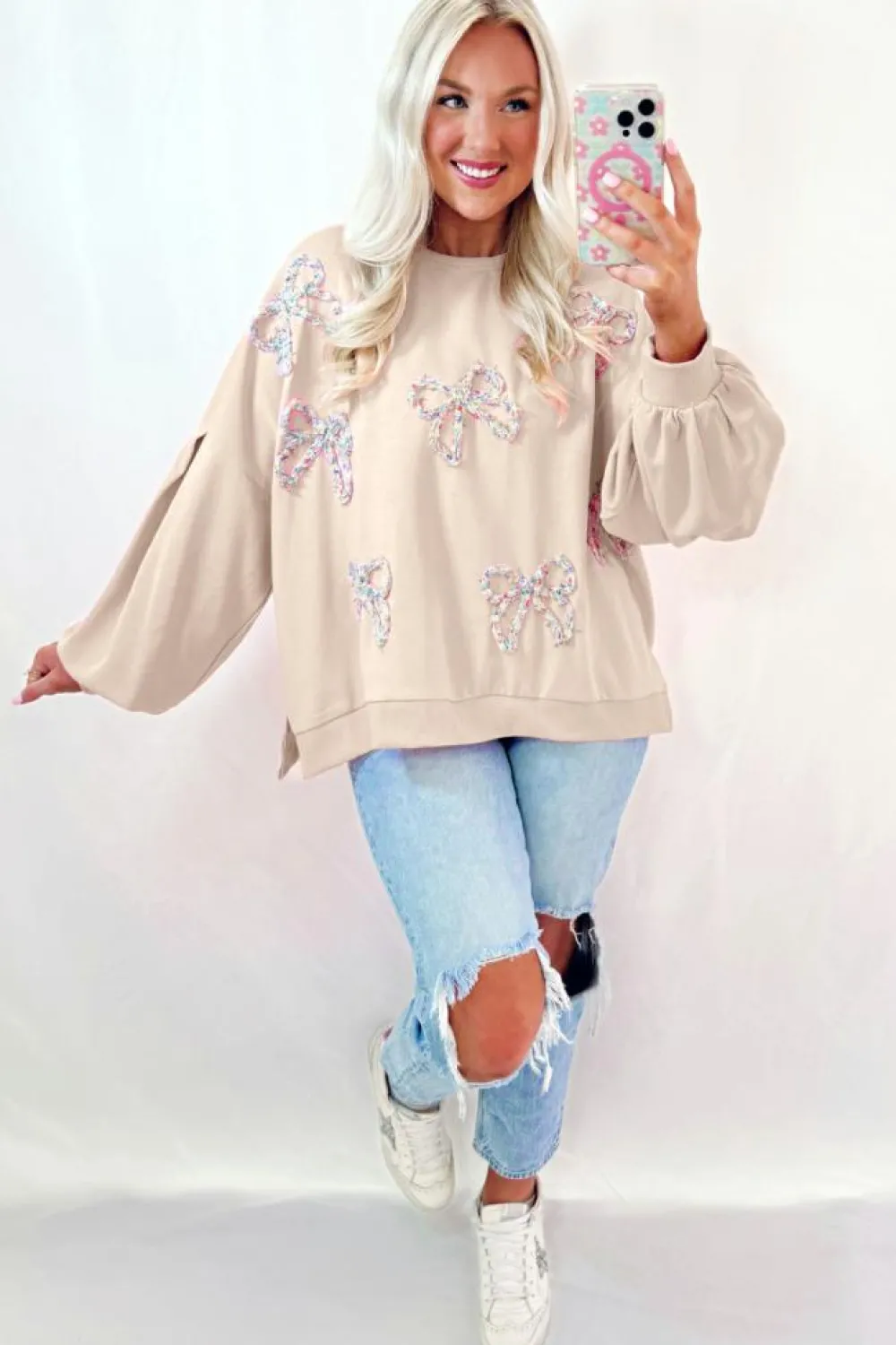 Clearance Dear-Lover Embroidered Bow Lantern Sleeve Oversized Pullover Sweatshirt Parchment