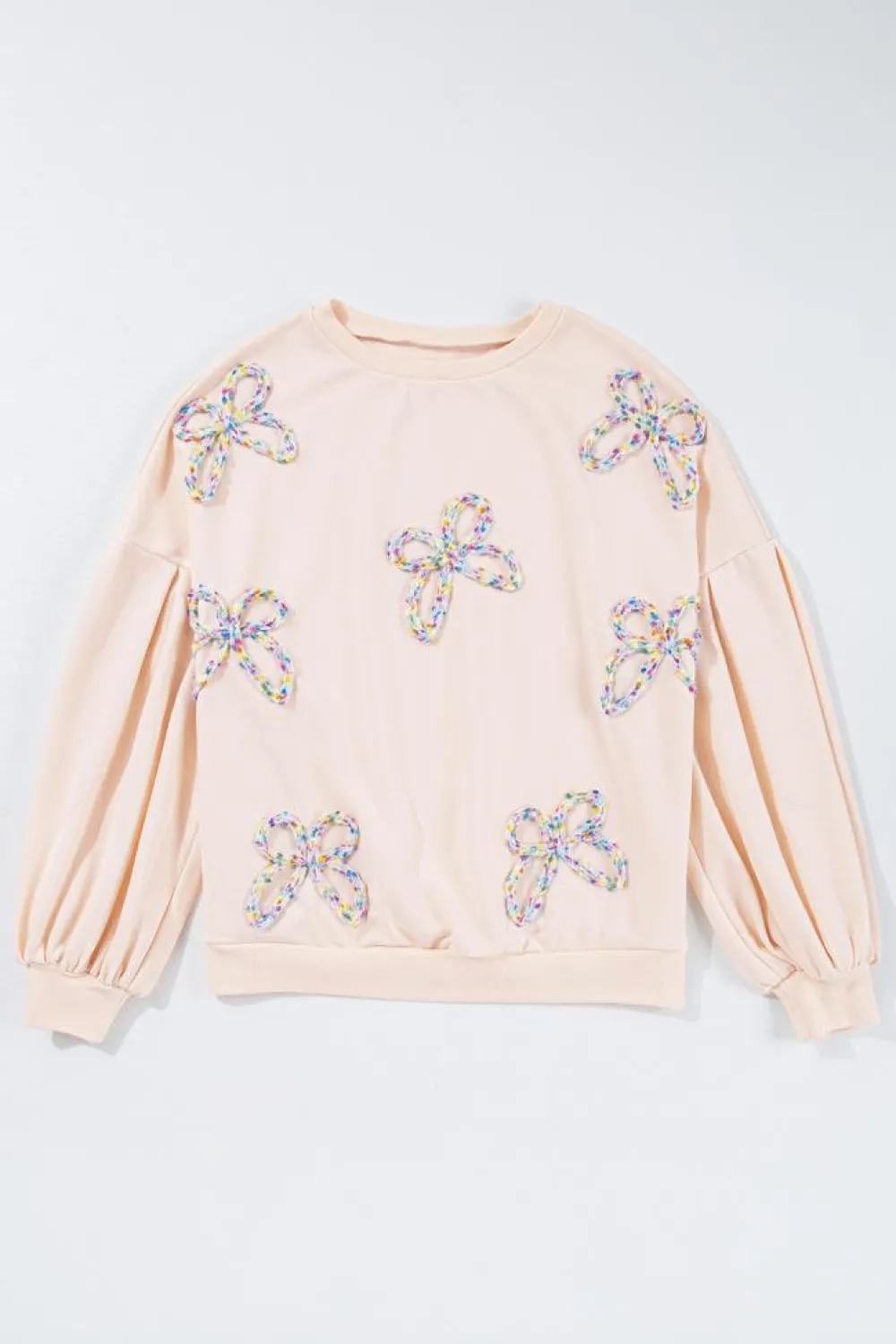 Clearance Dear-Lover Embroidered Bow Lantern Sleeve Oversized Pullover Sweatshirt Parchment