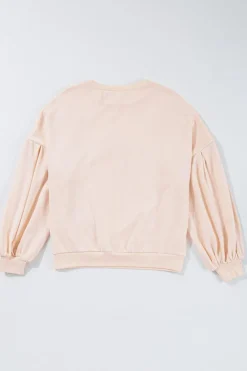 Clearance Dear-Lover Embroidered Bow Lantern Sleeve Oversized Pullover Sweatshirt Parchment