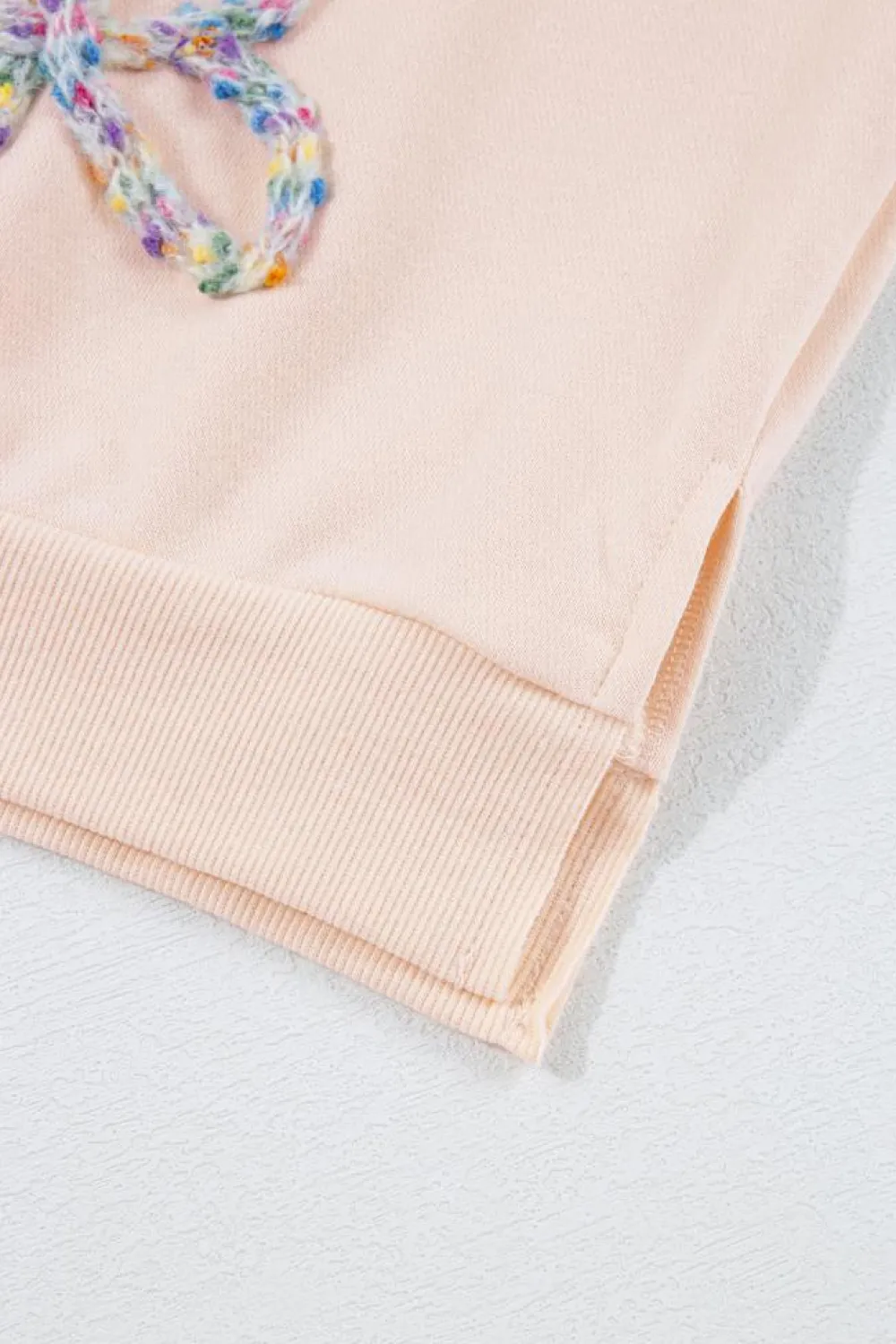Clearance Dear-Lover Embroidered Bow Lantern Sleeve Oversized Pullover Sweatshirt Parchment