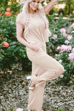 Fashion Dear-Lover Exposed Seam Ribbed Tee and Pants Two-piece Outfit Parchment
