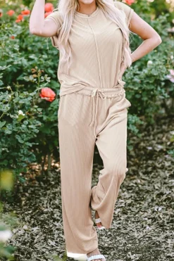 Fashion Dear-Lover Exposed Seam Ribbed Tee and Pants Two-piece Outfit Parchment