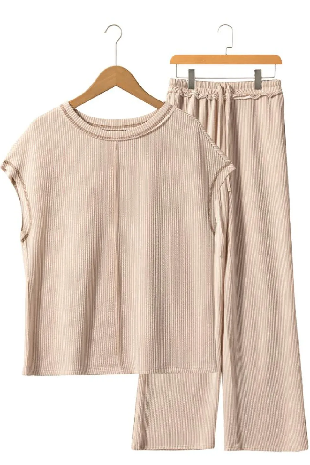 Fashion Dear-Lover Exposed Seam Ribbed Tee and Pants Two-piece Outfit Parchment