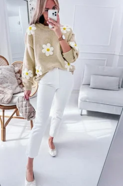 Fashion Dear-Lover Floral Crochet Chunky Knit Sweater Parchment