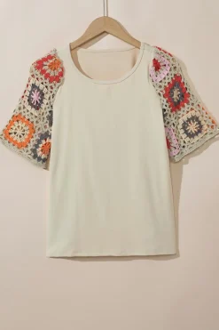 Clearance Dear-Lover Floral Crochet Short Sleeve Top Parchment
