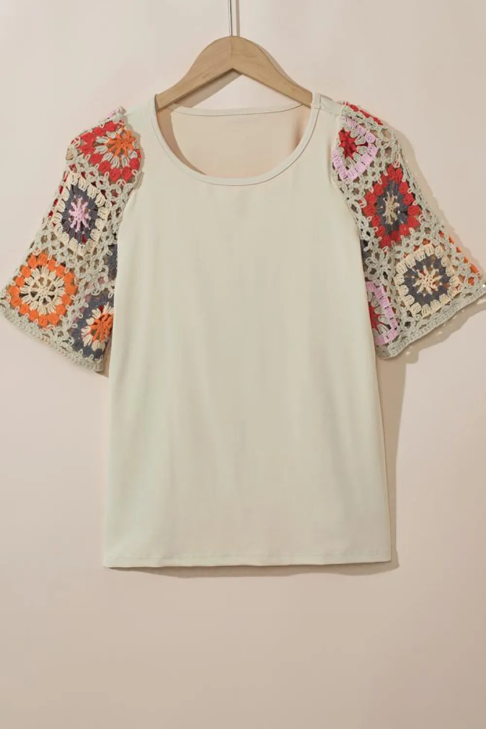 Clearance Dear-Lover Floral Crochet Short Sleeve Top Parchment