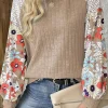 Sale Dear-Lover Floral Patchwork Long Sleeve Ribbed Blouse Parchment