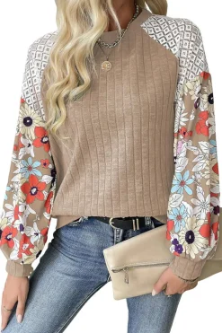 Sale Dear-Lover Floral Patchwork Long Sleeve Ribbed Blouse Parchment