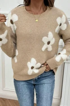 Hot Dear-Lover Flower Pattern Ribbed Trim Crew Neck Sweater Parchment