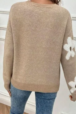 Hot Dear-Lover Flower Pattern Ribbed Trim Crew Neck Sweater Parchment