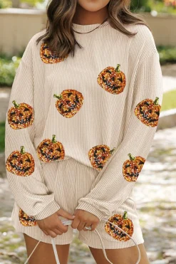 Online Dear-Lover Halloween Sequin Pumpkin Corded Two Piece Shorts Set Parchment