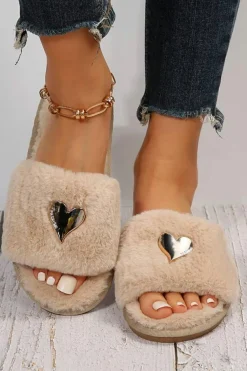 Discount Dear-Lover Heart Shape Buckle Decor Open Toe Plush Slippers Parchment