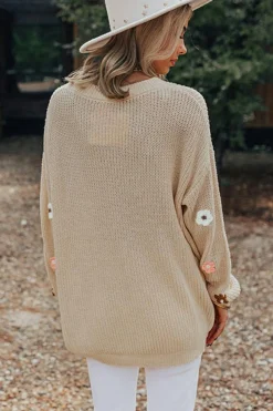 Discount Dear-Lover Hello Floral Embroidered Knit Loose Sweater Parchment