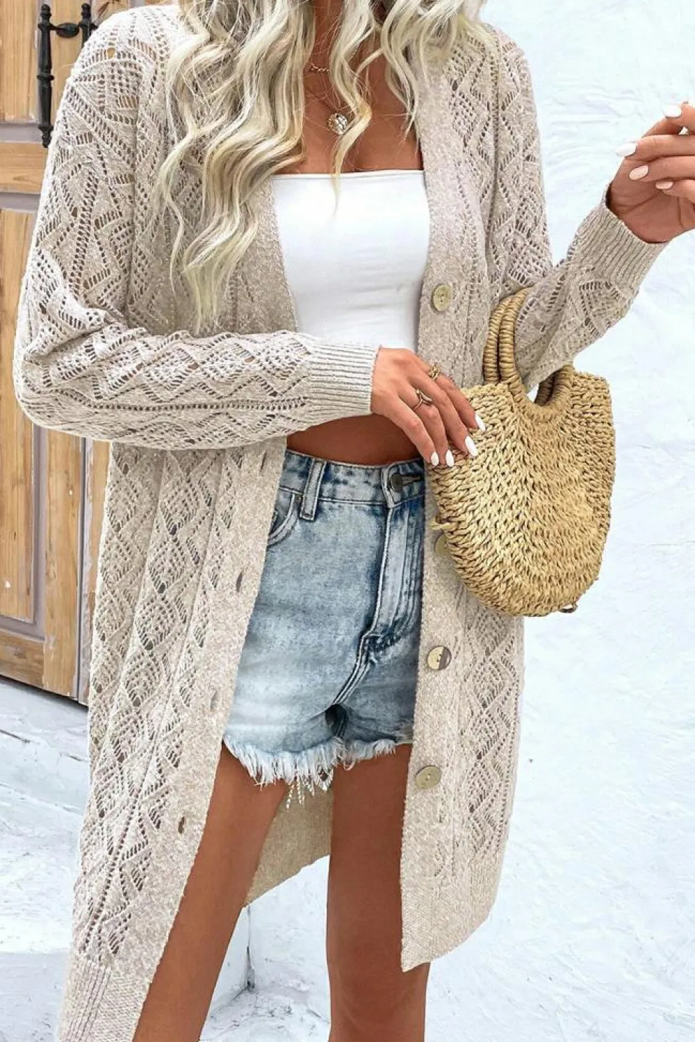 Discount Dear-Lover Hollow Out Buttons Front Long Cardigan Parchment