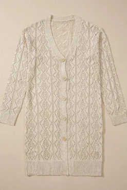 Discount Dear-Lover Hollow Out Buttons Front Long Cardigan Parchment