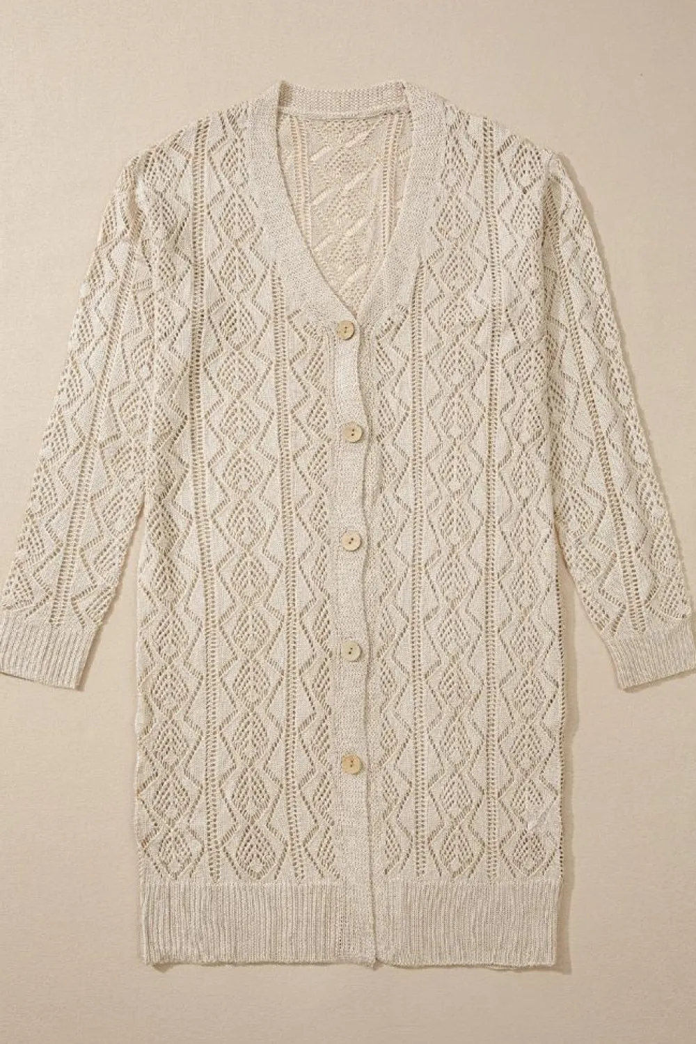 Discount Dear-Lover Hollow Out Buttons Front Long Cardigan Parchment