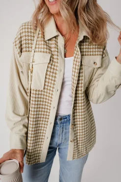 Hot Dear-Lover Houndstooth Corduroy Patchwork Flap Pocket Shacket Parchment