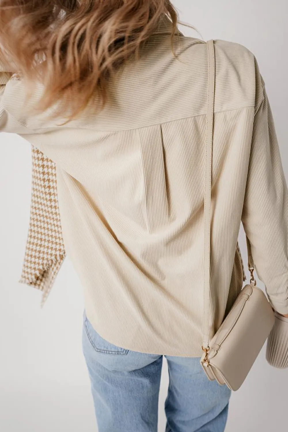 Hot Dear-Lover Houndstooth Corduroy Patchwork Flap Pocket Shacket Parchment