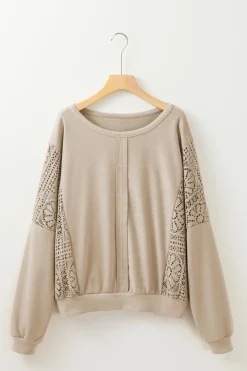 Sale Dear-Lover Knit Crochet Exposed Seam Ribbed Trim Sweatshirt Parchment