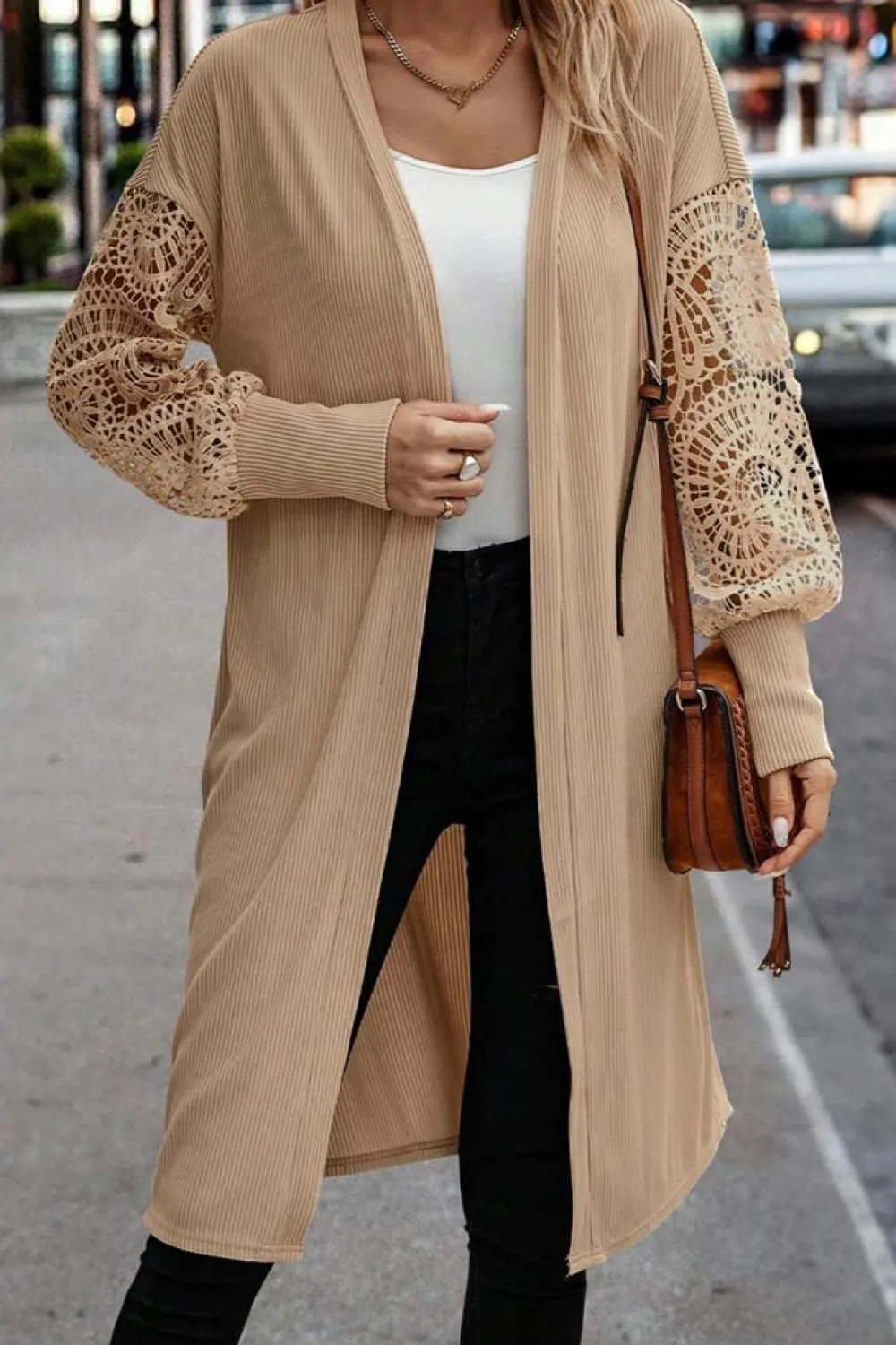 Sale Dear-Lover Lace Patchwork Ribbed Knit Open Front Duster Cardigan Parchment