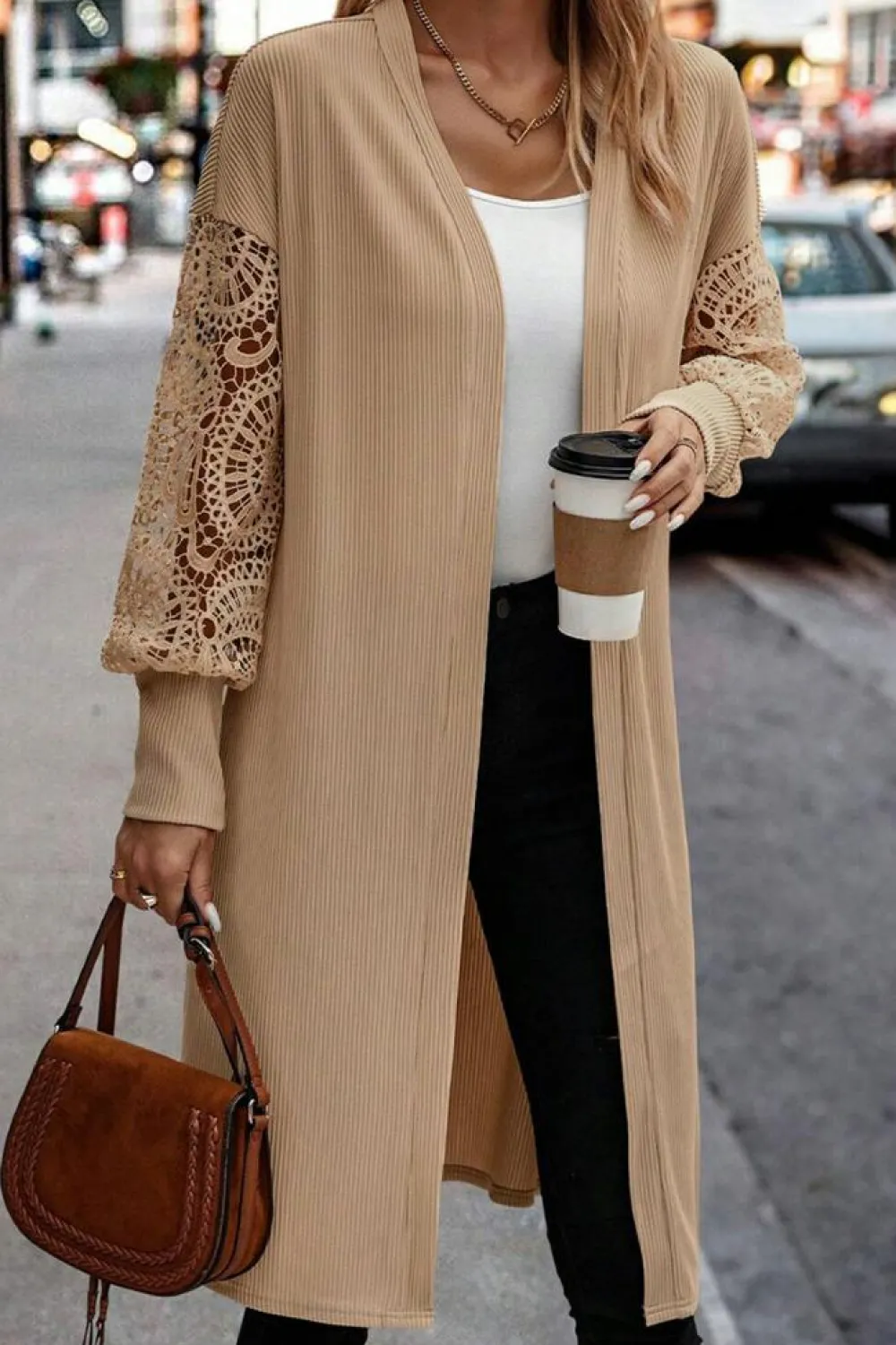 Sale Dear-Lover Lace Patchwork Ribbed Knit Open Front Duster Cardigan Parchment