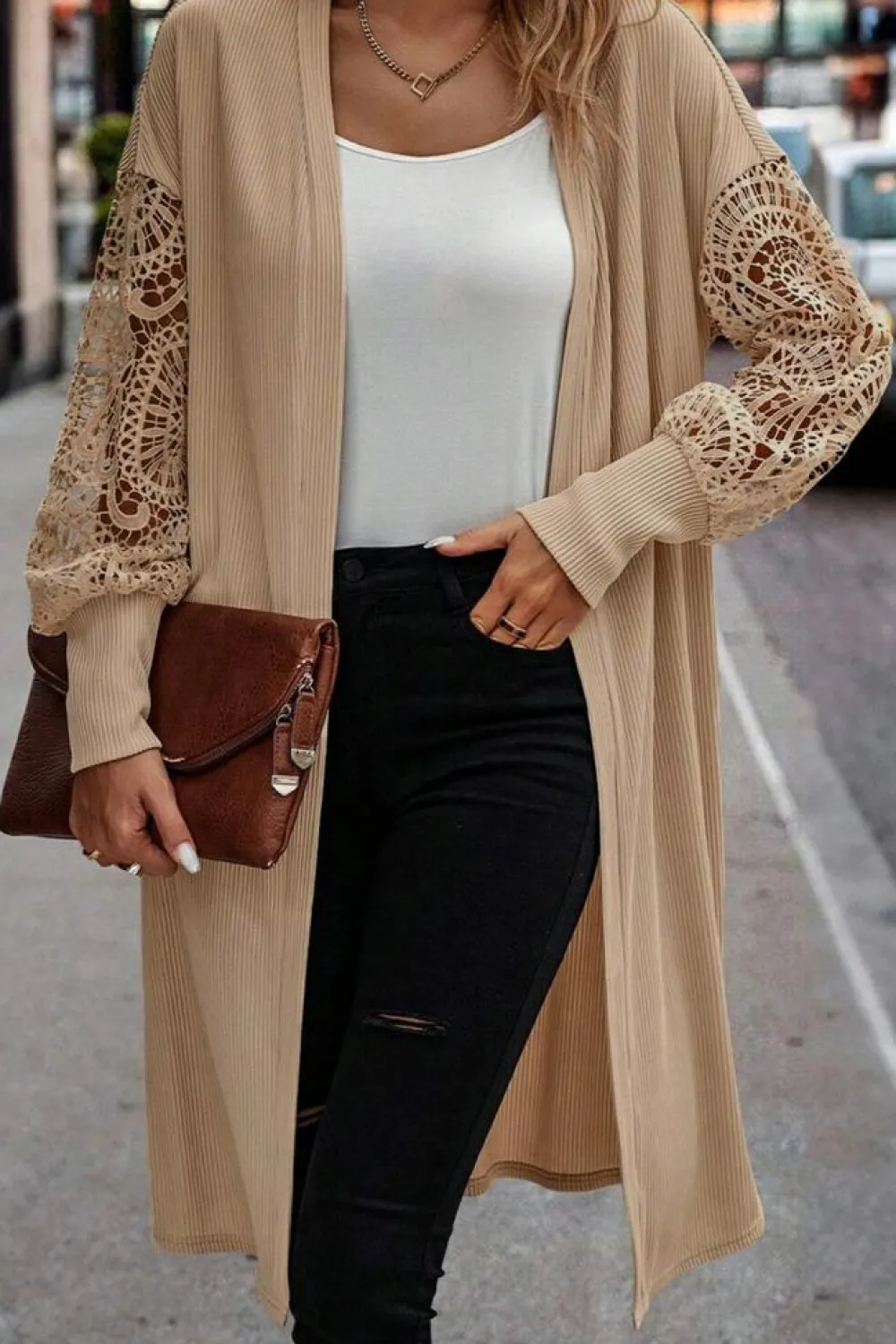 Sale Dear-Lover Lace Patchwork Ribbed Knit Open Front Duster Cardigan Parchment