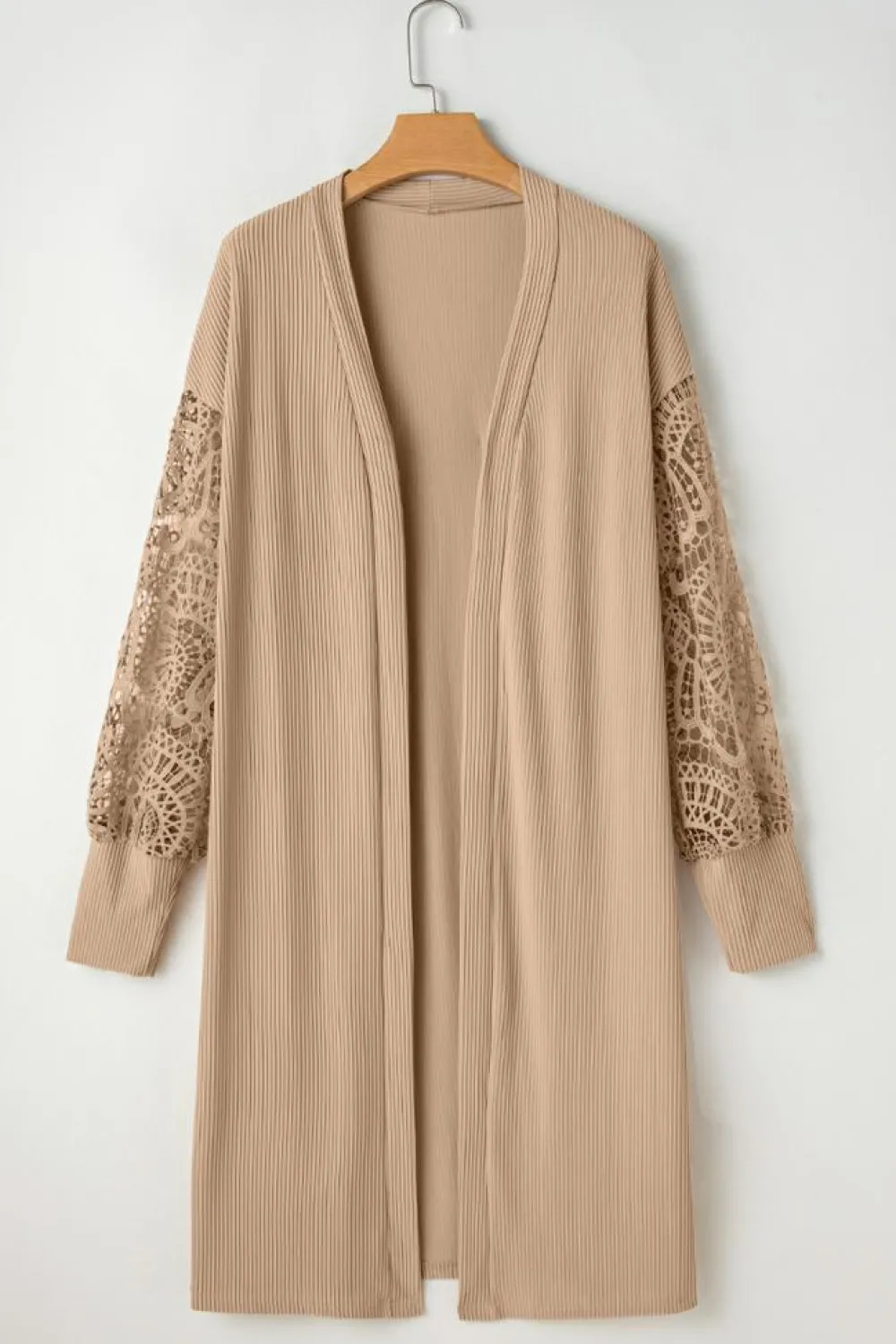 Sale Dear-Lover Lace Patchwork Ribbed Knit Open Front Duster Cardigan Parchment