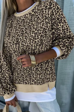 Sale Dear-Lover Leopard Print Crew Neck Sweatshirt Parchment