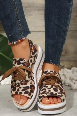 Outlet Dear-Lover Leopard Print Hollow Out Lace-up Wedge Sandals Parchment