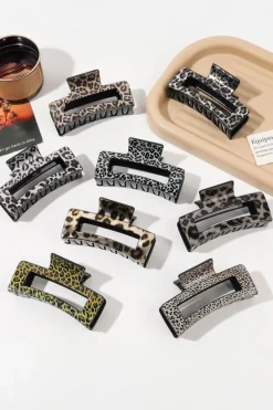Fashion Dear-Lover Leopard Print Hollow Out Square Large Hair Claw Clip Parchment