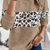 Best Dear-Lover Leopard Quilted Patchwork Crew Neck Sweatshirt Parchment