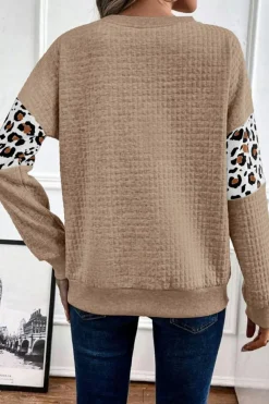 Best Dear-Lover Leopard Quilted Patchwork Crew Neck Sweatshirt Parchment
