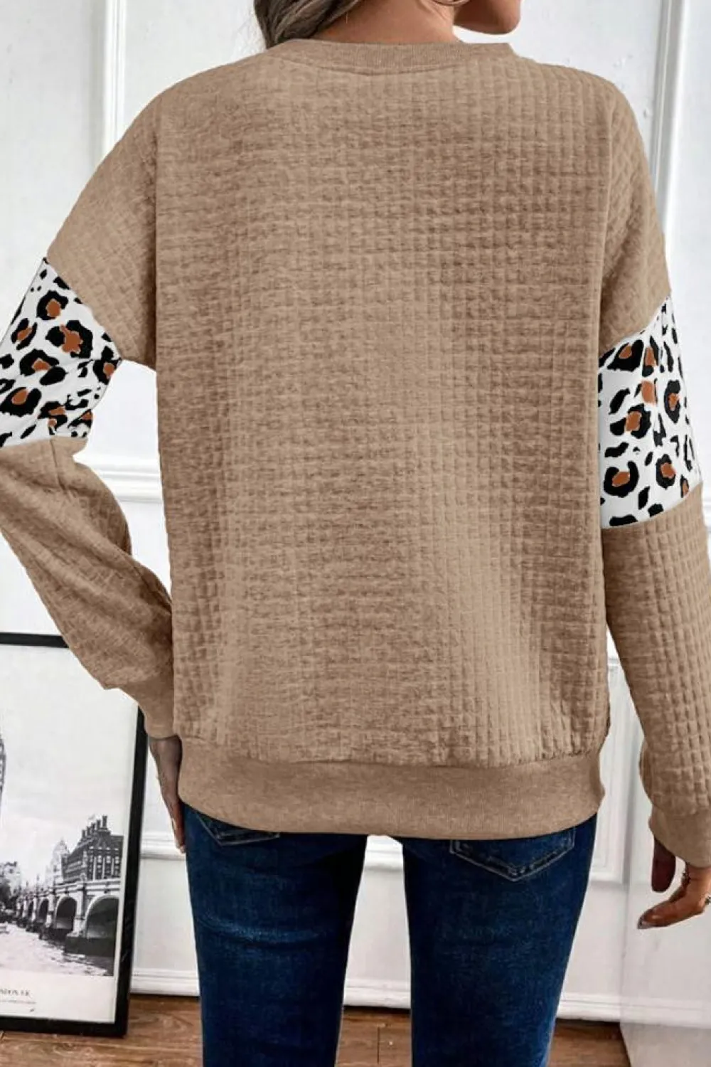 Best Dear-Lover Leopard Quilted Patchwork Crew Neck Sweatshirt Parchment