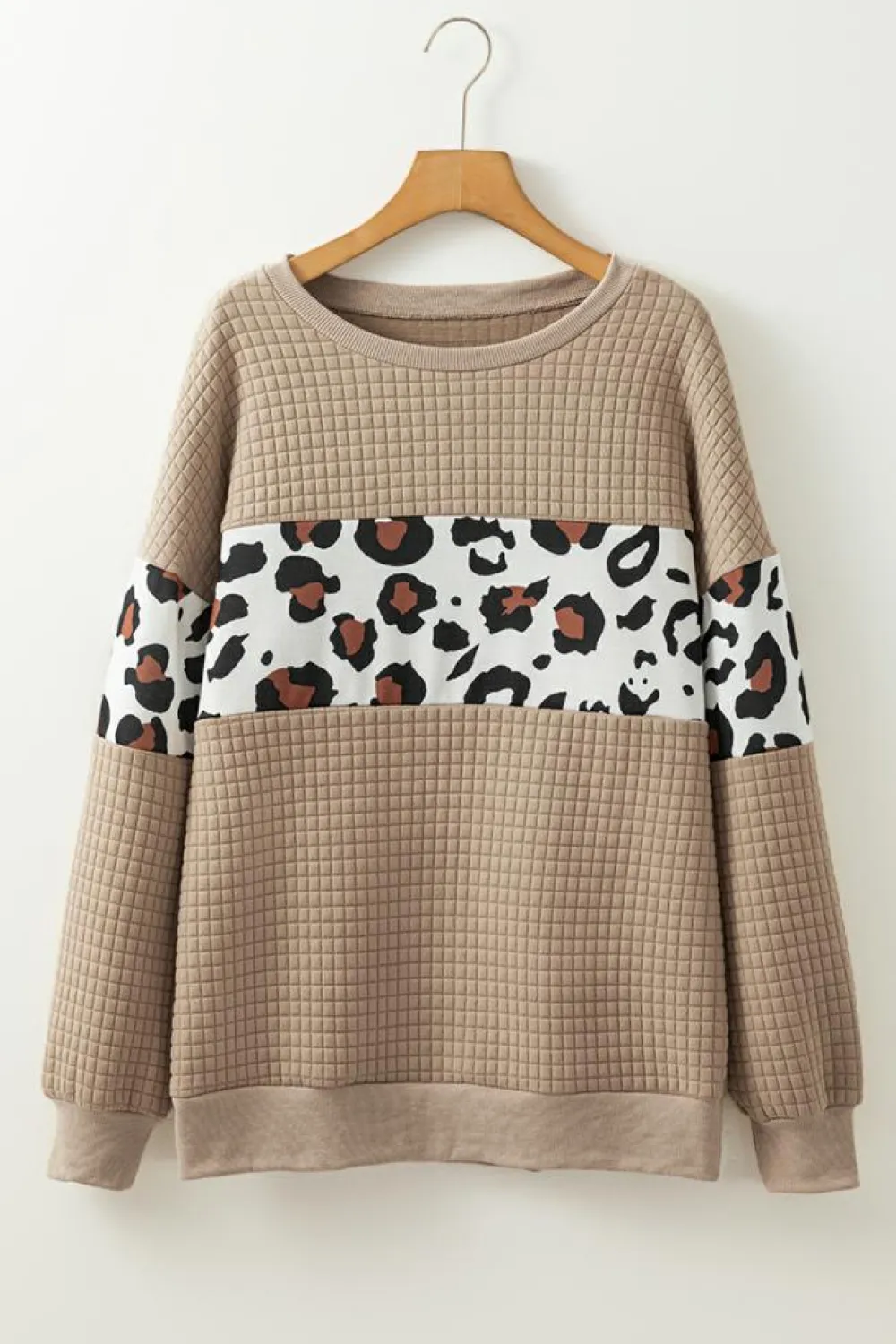 Best Dear-Lover Leopard Quilted Patchwork Crew Neck Sweatshirt Parchment