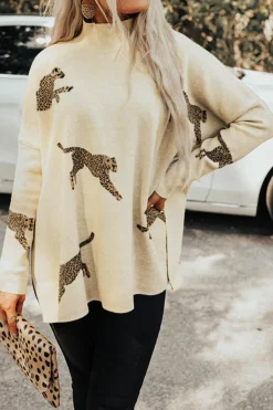 Online Dear-Lover Lively Cheetah Print High Neck Split Hem Sweater Parchment