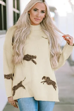 Online Dear-Lover Lively Cheetah Print High Neck Split Hem Sweater Parchment