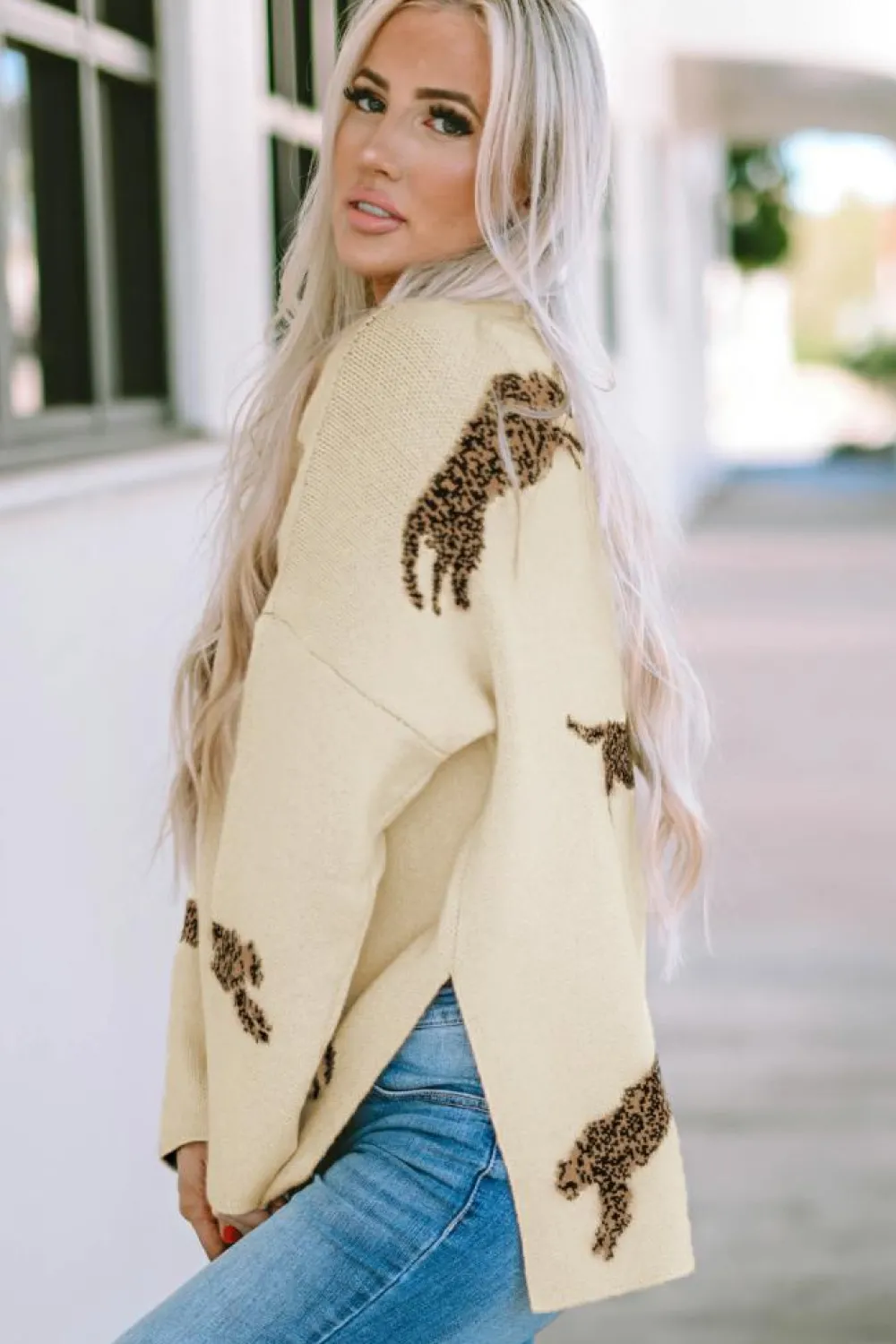 Online Dear-Lover Lively Cheetah Print High Neck Split Hem Sweater Parchment