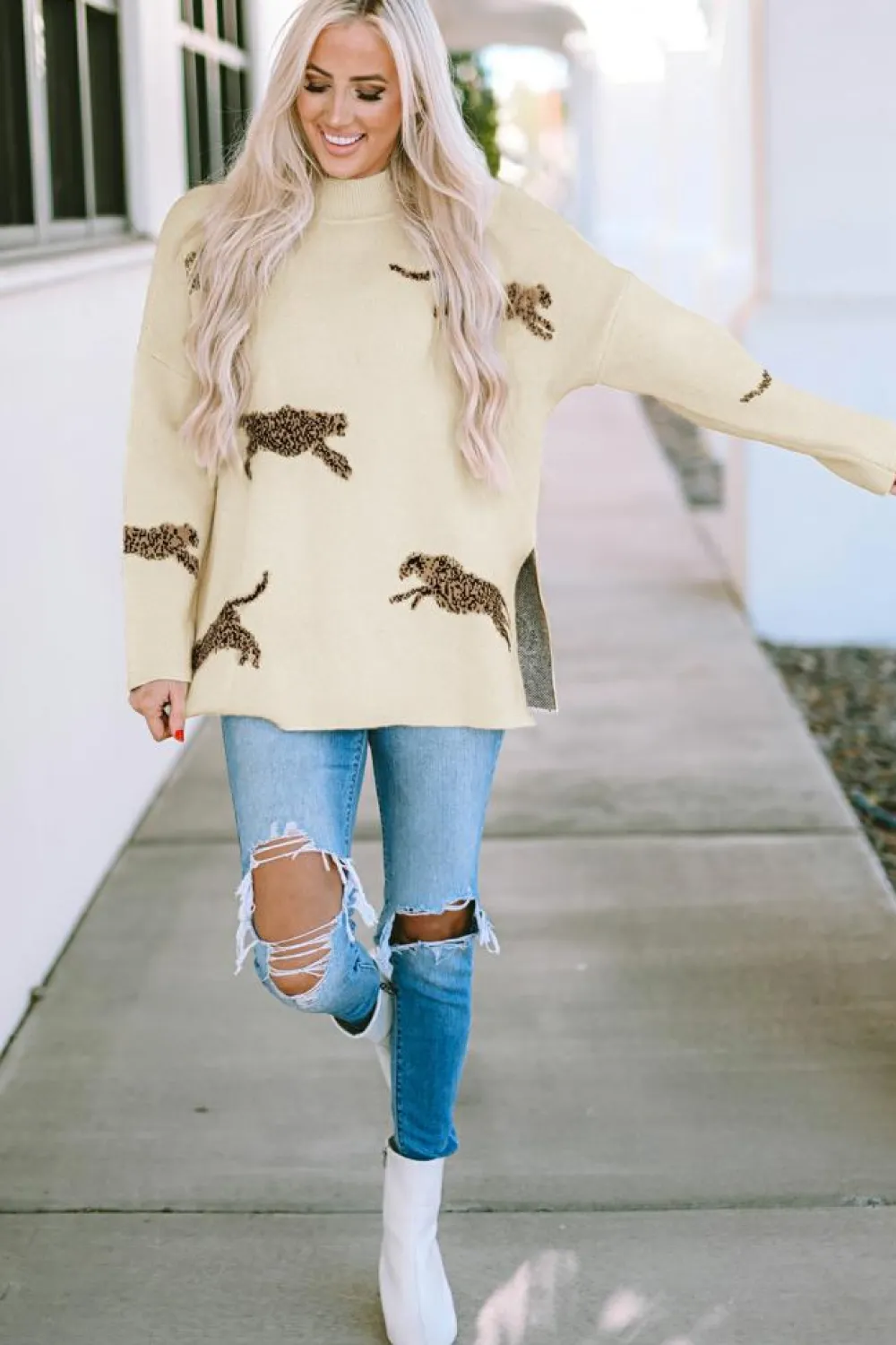 Online Dear-Lover Lively Cheetah Print High Neck Split Hem Sweater Parchment