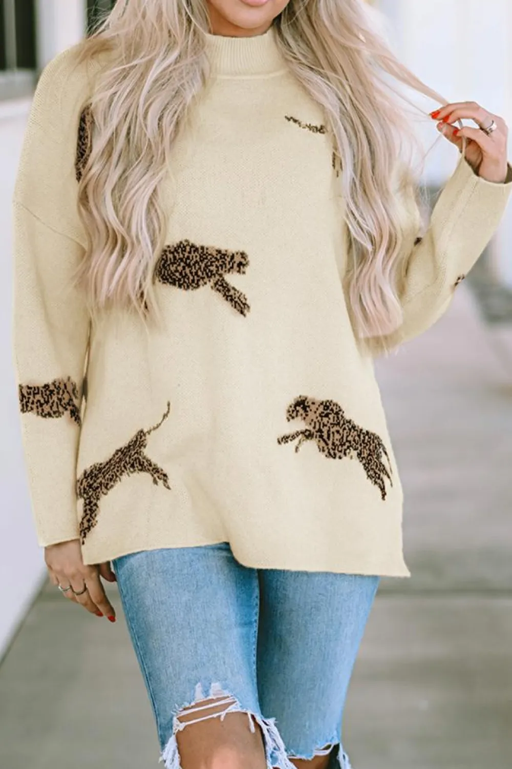 Online Dear-Lover Lively Cheetah Print High Neck Split Hem Sweater Parchment