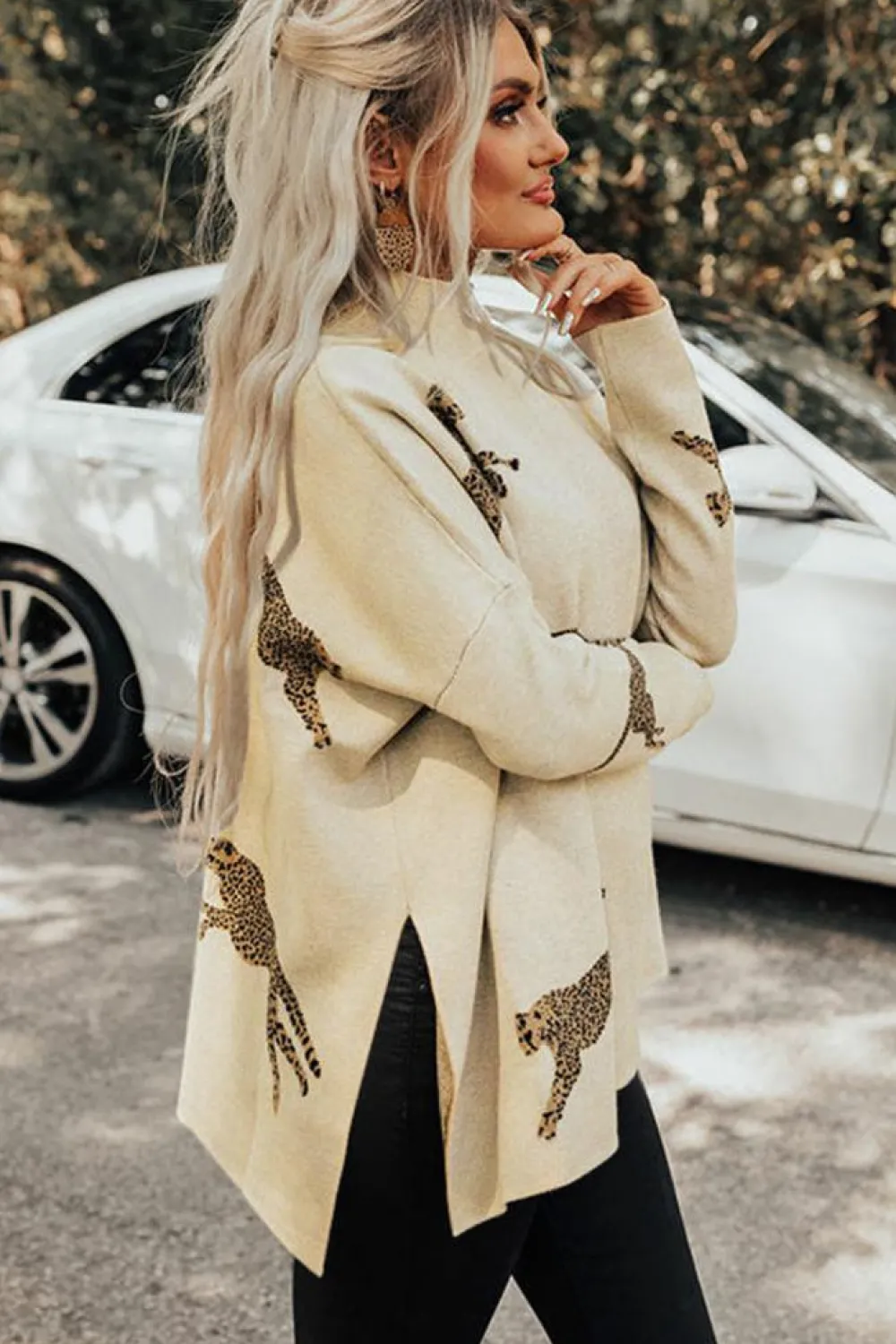 Online Dear-Lover Lively Cheetah Print High Neck Split Hem Sweater Parchment