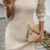 Online Dear-Lover Pearl Beaded High Neck Bodycon Sweater Dress Parchment