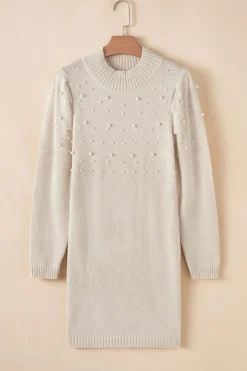 Online Dear-Lover Pearl Beaded High Neck Bodycon Sweater Dress Parchment