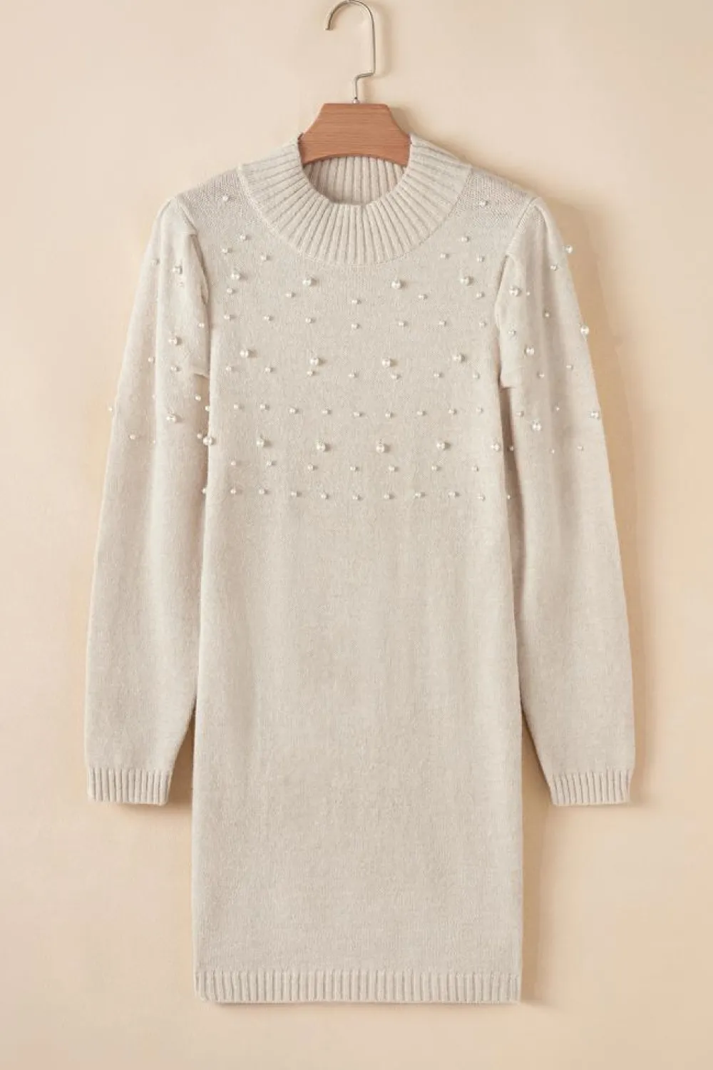 Online Dear-Lover Pearl Beaded High Neck Bodycon Sweater Dress Parchment