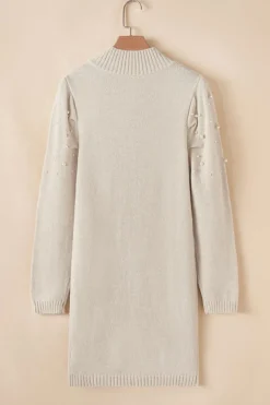 Online Dear-Lover Pearl Beaded High Neck Bodycon Sweater Dress Parchment
