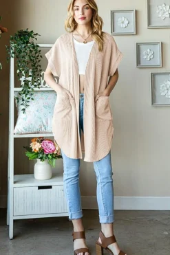Fashion Dear-Lover Ribbed Pocketed Short Sleeve Open Front Top Parchment