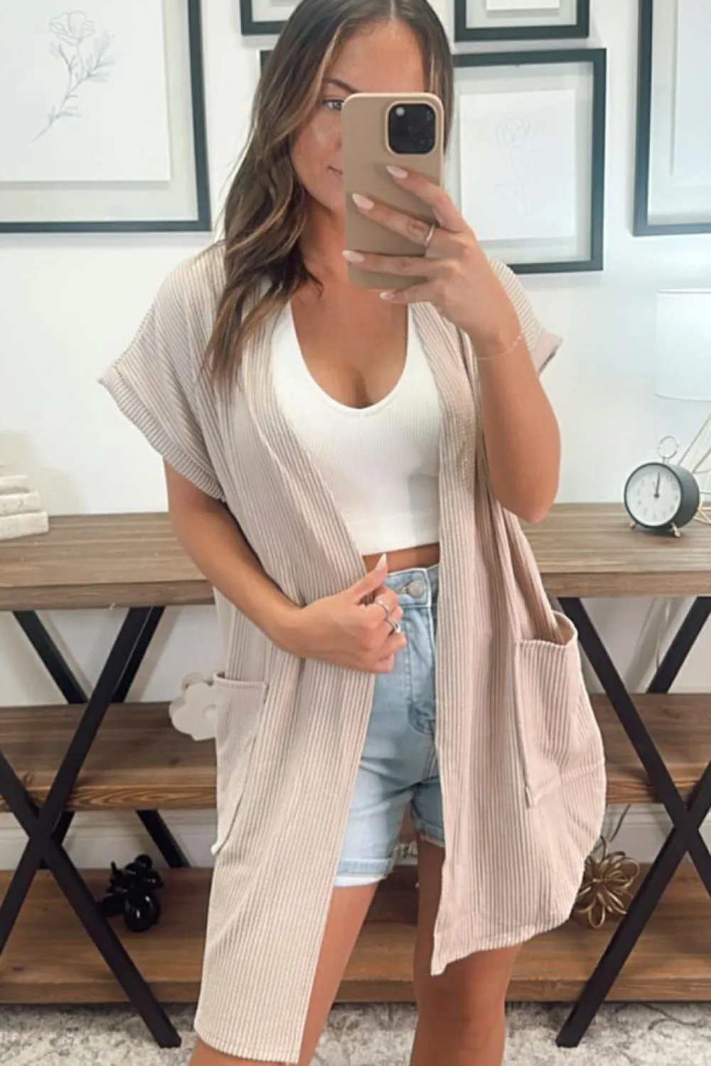 Fashion Dear-Lover Ribbed Pocketed Short Sleeve Open Front Top Parchment