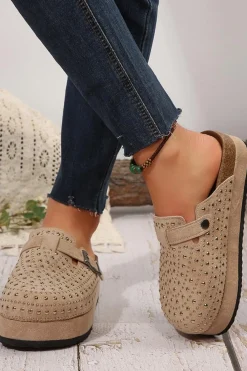 Fashion Dear-Lover Rivet Buckle Closed Toe Platform Slippers Parchment