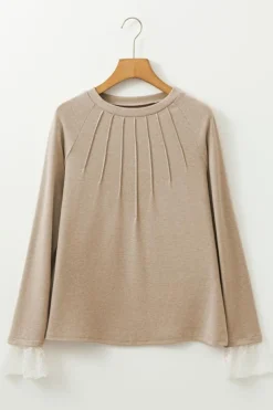Discount Dear-Lover Seam Detail Lace Contrast Cuffs Raglan Sleeve Top Parchment