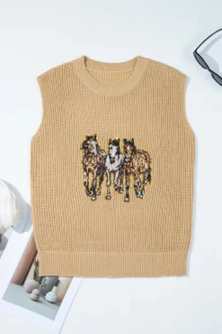 New Dear-Lover Sequin Horse Graphic Lightweight Knitted Sweater Vest Parchment