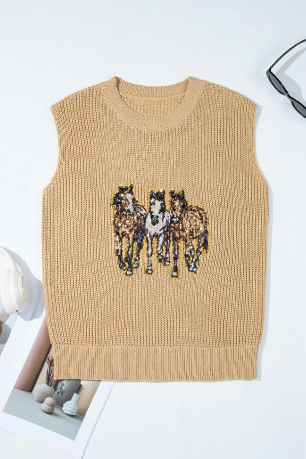 New Dear-Lover Sequin Horse Graphic Lightweight Knitted Sweater Vest Parchment